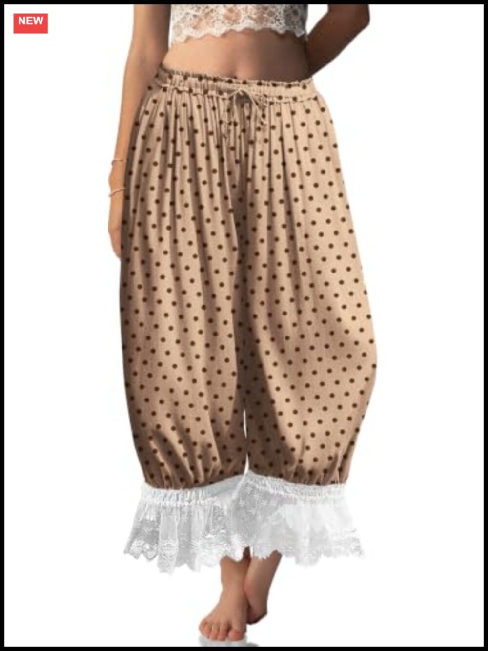 Womens Linen Blend Lace Trim Bloomers Wide Leg Lounge Pants